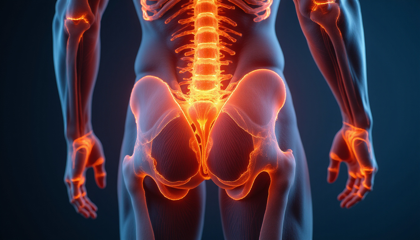  Close-up of glowing muscles in hip, digital anatomical illustration with pain relief highlights