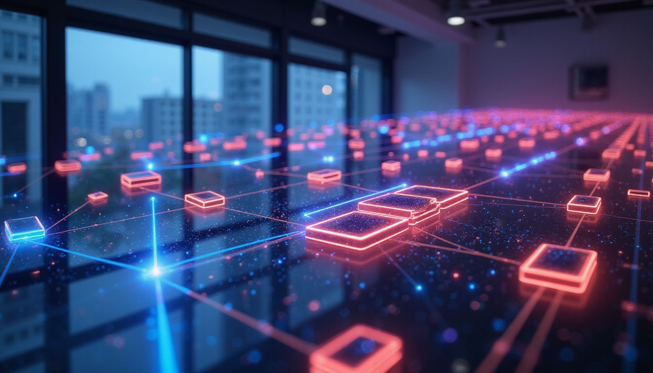  vibrant blockchain network visualized as interconnected digital blocks, efficient transaction flow, modern office backdrop