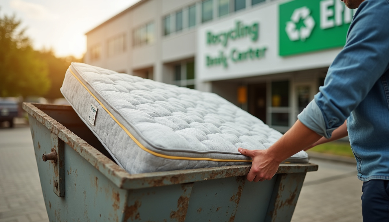  Hands placing a mattress in a large donation dumpster outside a clean recycling center
