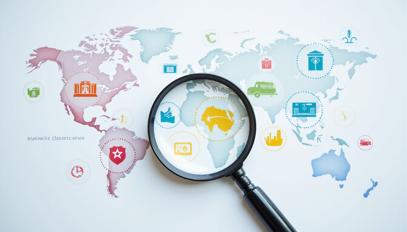  magnifying glass over business classification chart, colorful icons representing various industries and sectors
