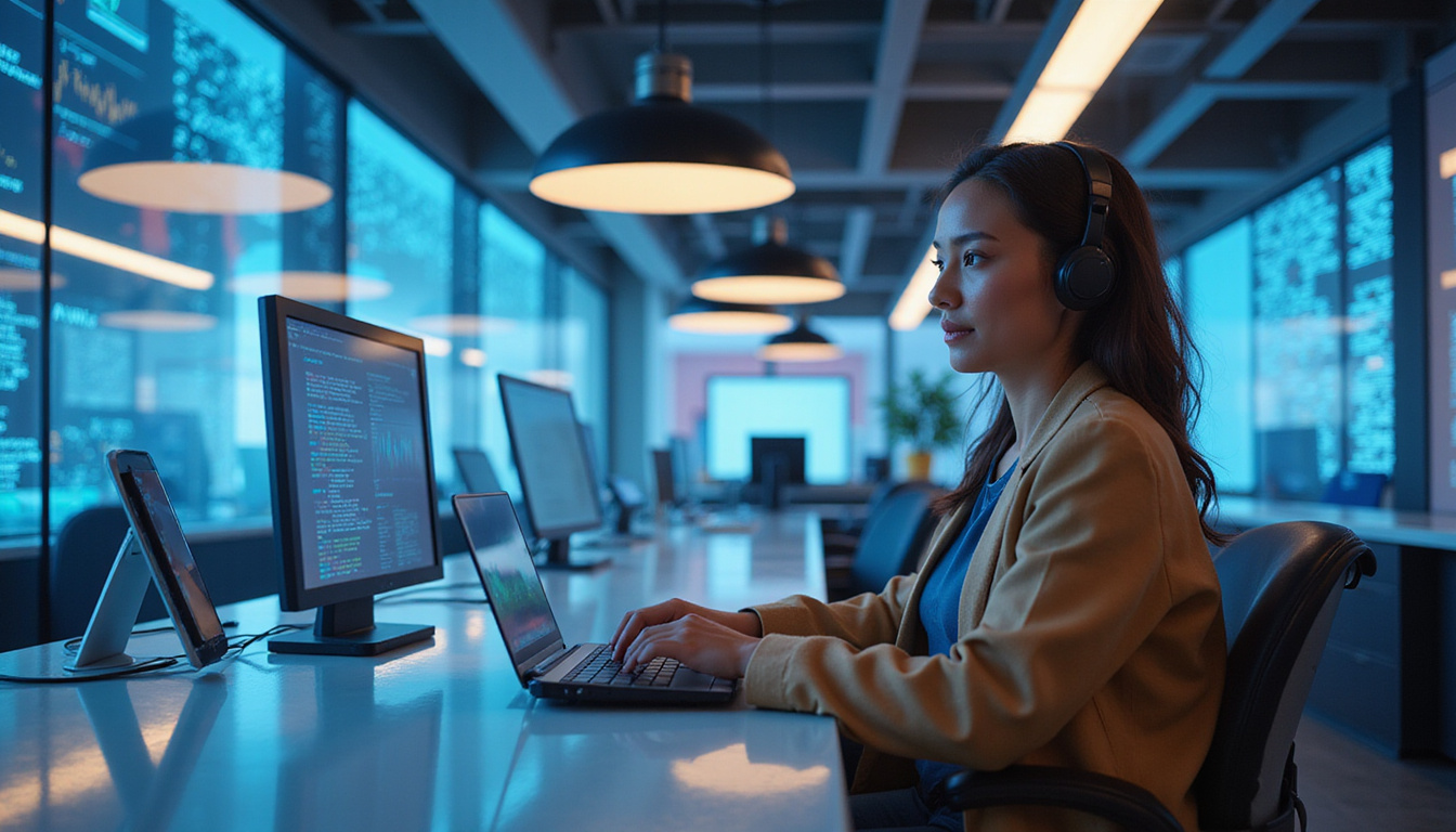  futuristic customer service hub with AI assistants and seamless phone integration, vibrant tech atmosphere