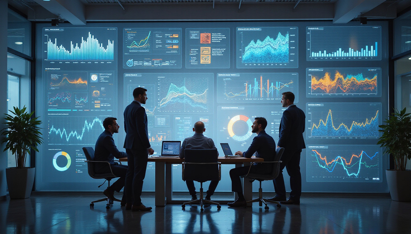  diverse team strategizing in modern office surrounded by holographic business charts and data visualization