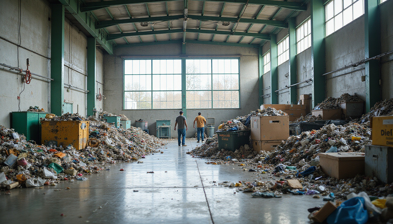  Eco-friendly junk recycling facility with workers sorting materials, bright daylight
