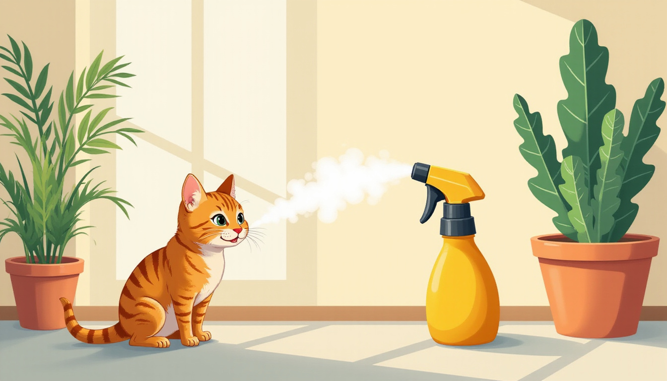 close-up of a cat avoiding sprayed plant, home interior protection, calm pet atmosphere