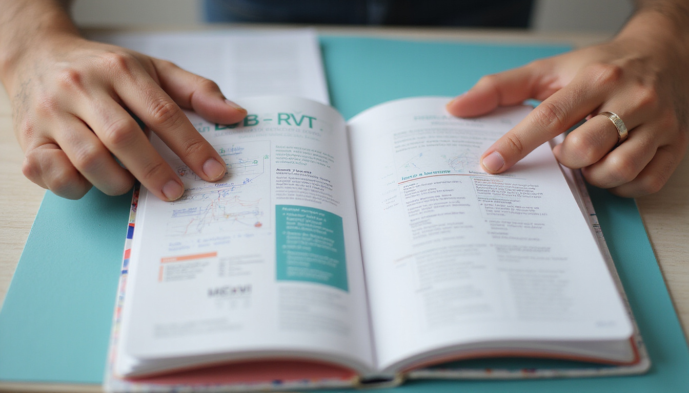  close-up of hands flipping through LSB-RVT guidebook, detailed diagrams and notes visible