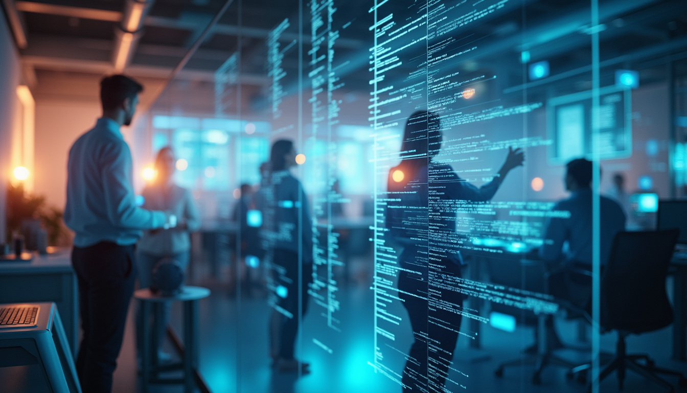 sleek office setting with marketers analyzing big data on transparent screens