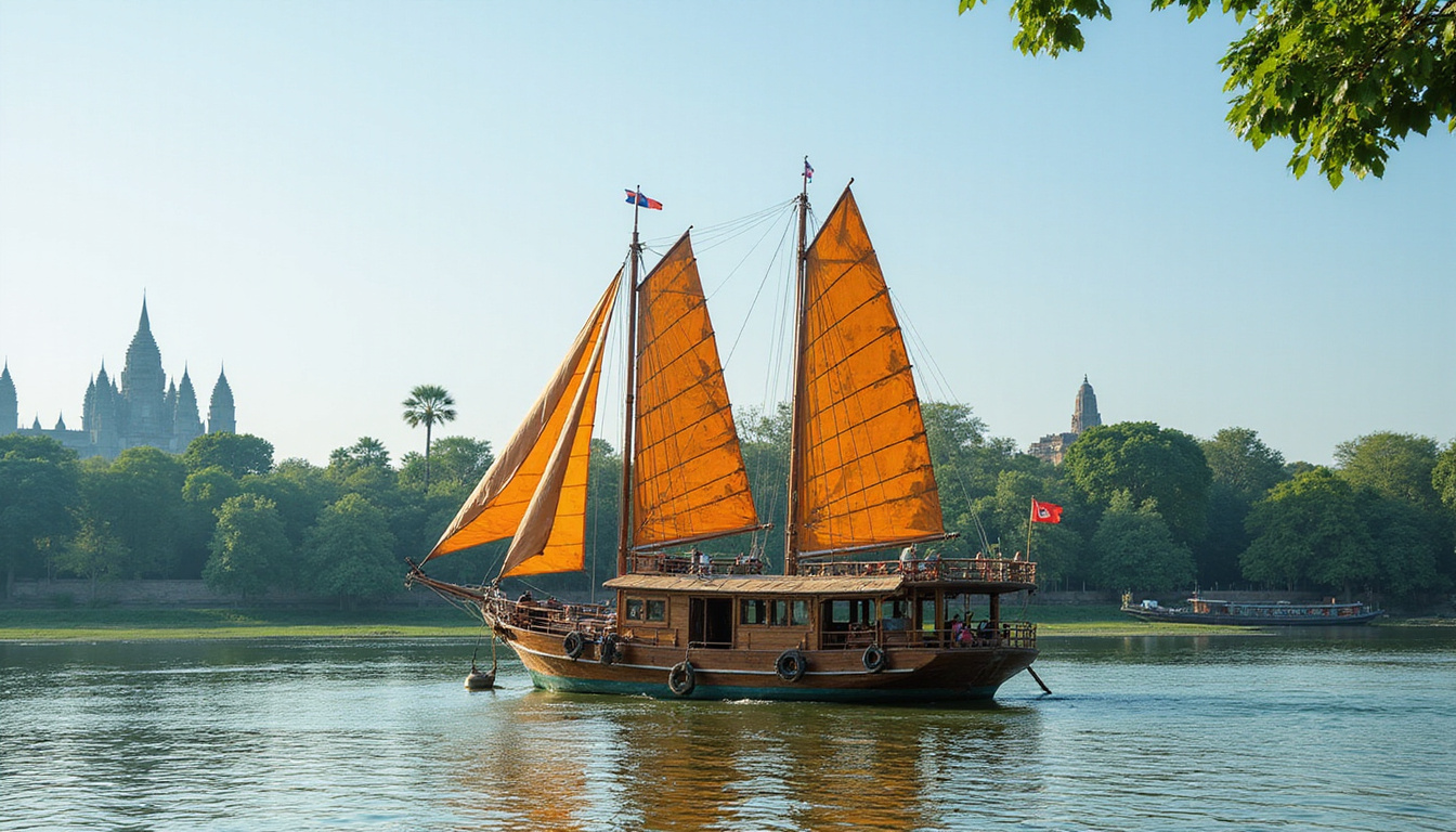  Vintage-style dahabiya yacht with ornate sails, cruising a tranquil river surrounded by lush greenery and ancient temples