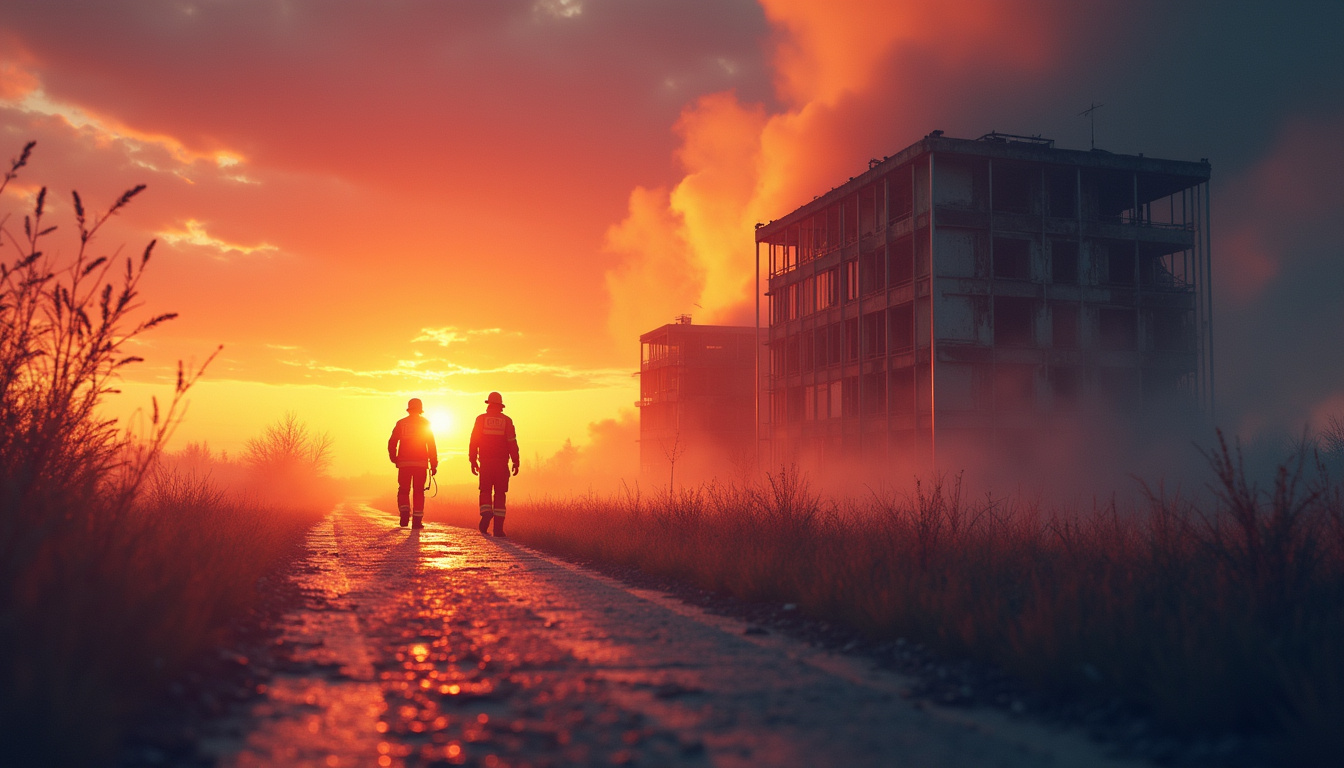  emergency response team quickly securing damaged building, sunset, dramatic sky, safety first