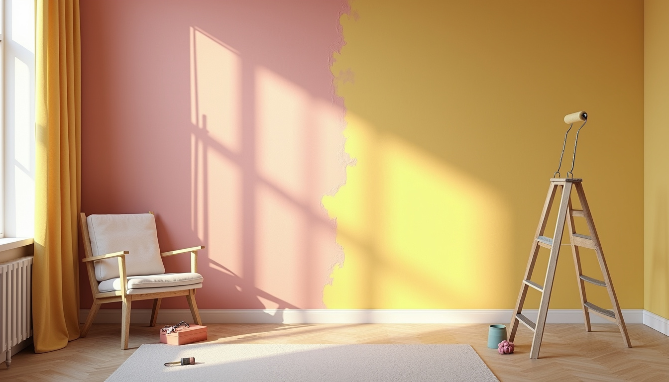  Cozy interior room transformation with fresh wall paint, brushes, rollers, warm lighting