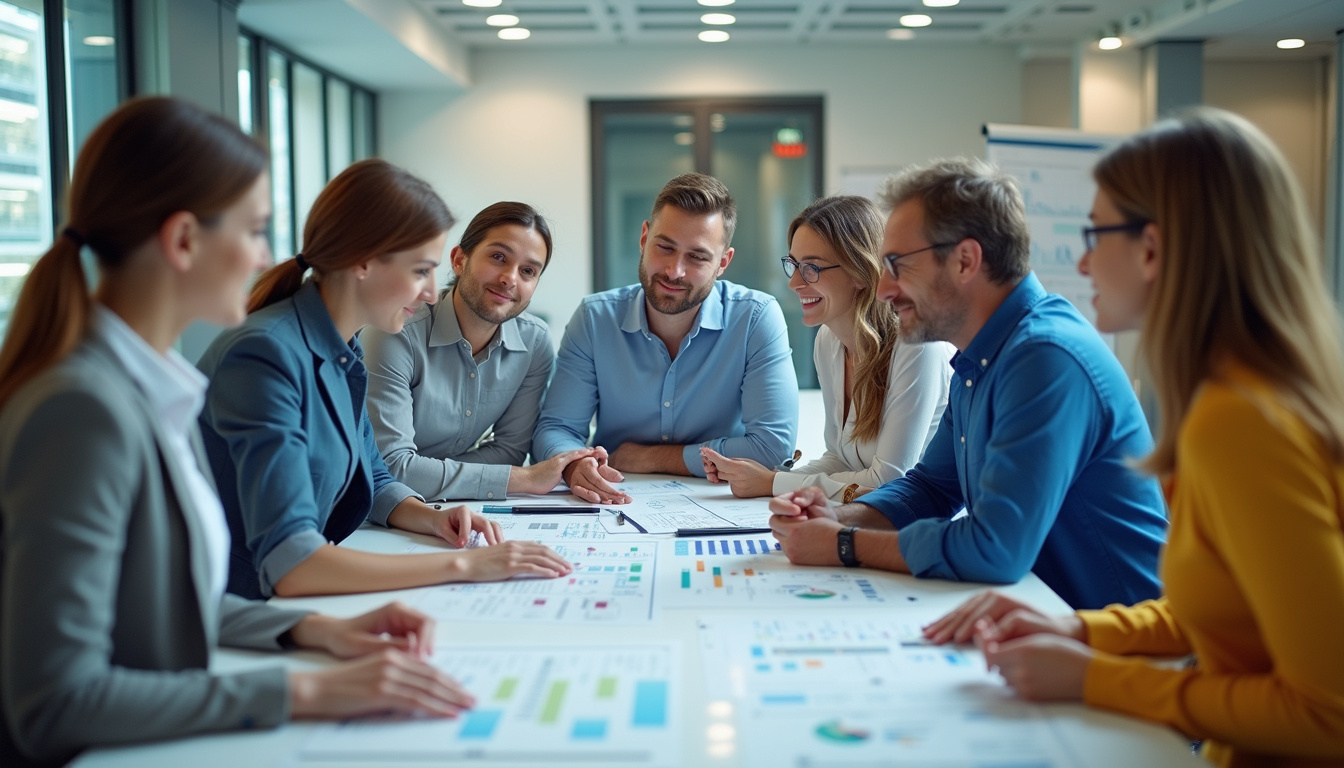  diverse professionals analyzing NACE classification charts, office background, teamwork concept