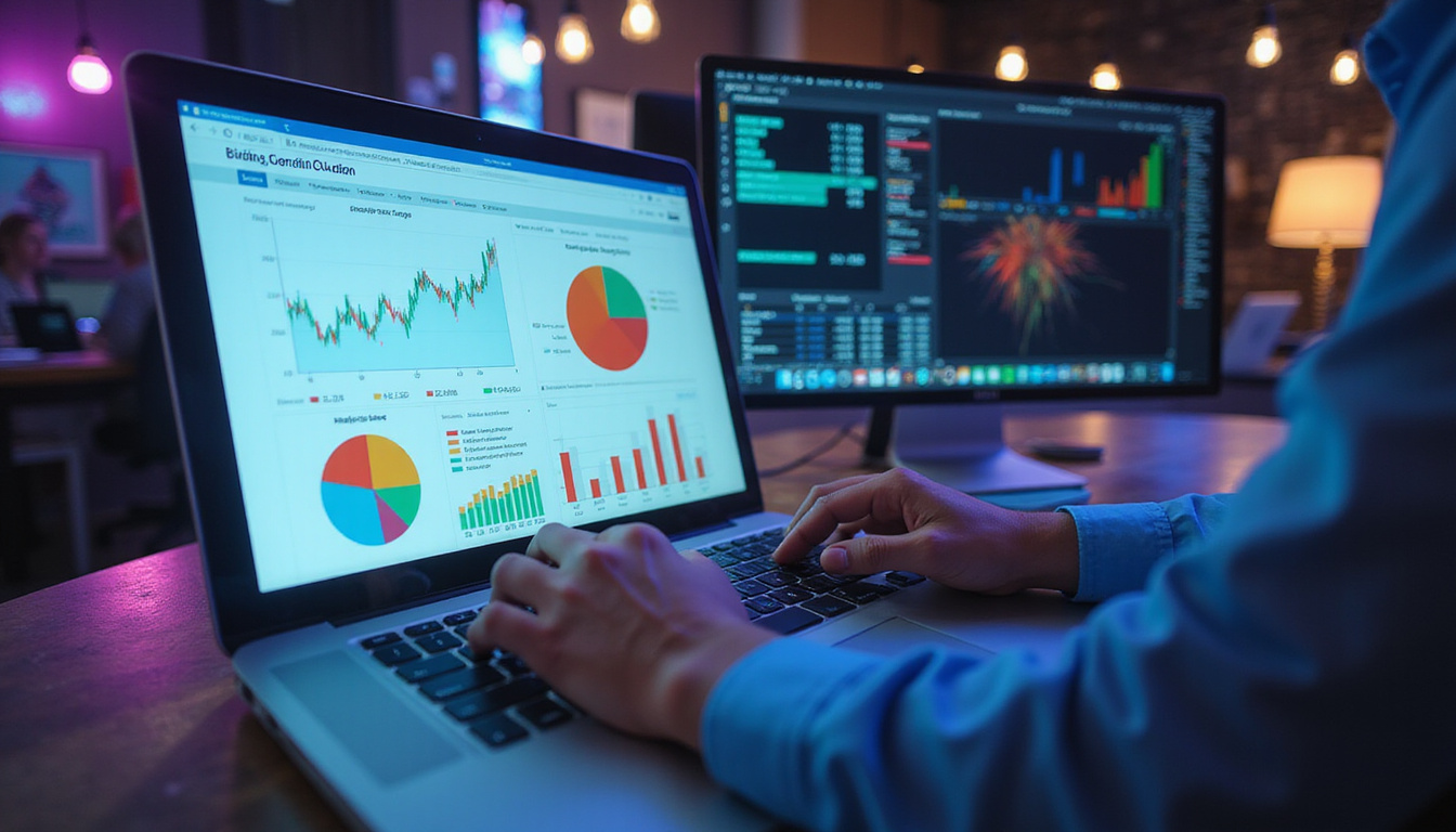  professional marketer using CPV classification on laptop, colorful bidding strategy graphs and data visualization