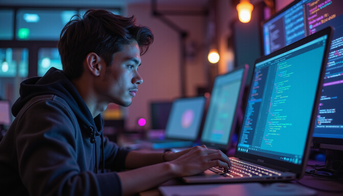  Young developer debugging code, vibrant tech environment, intense concentration, glowing laptop keyboard