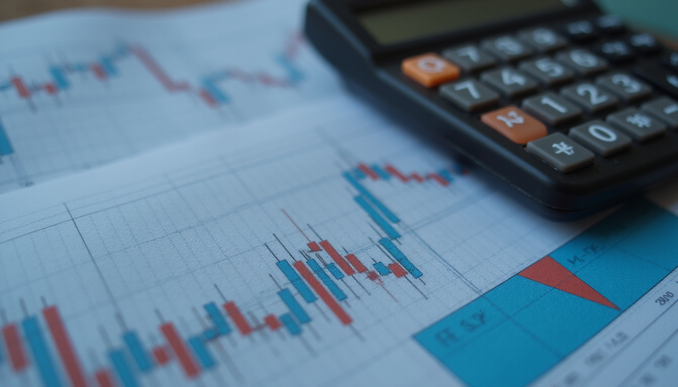  close-up of calculator with financial documents, global trade graphs in background
