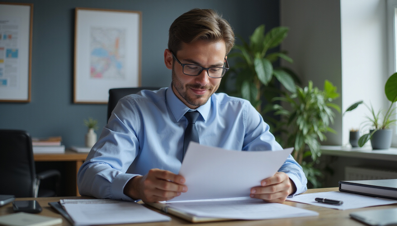 small business owner reviewing government contract, focused desk setting