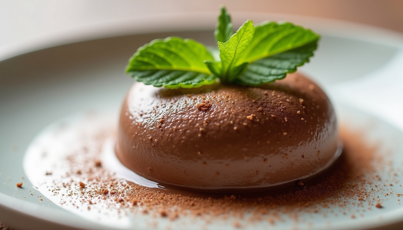 close-up of creamy sugar-free chocolate mousse with mint leaves, soft lighting and elegant plating