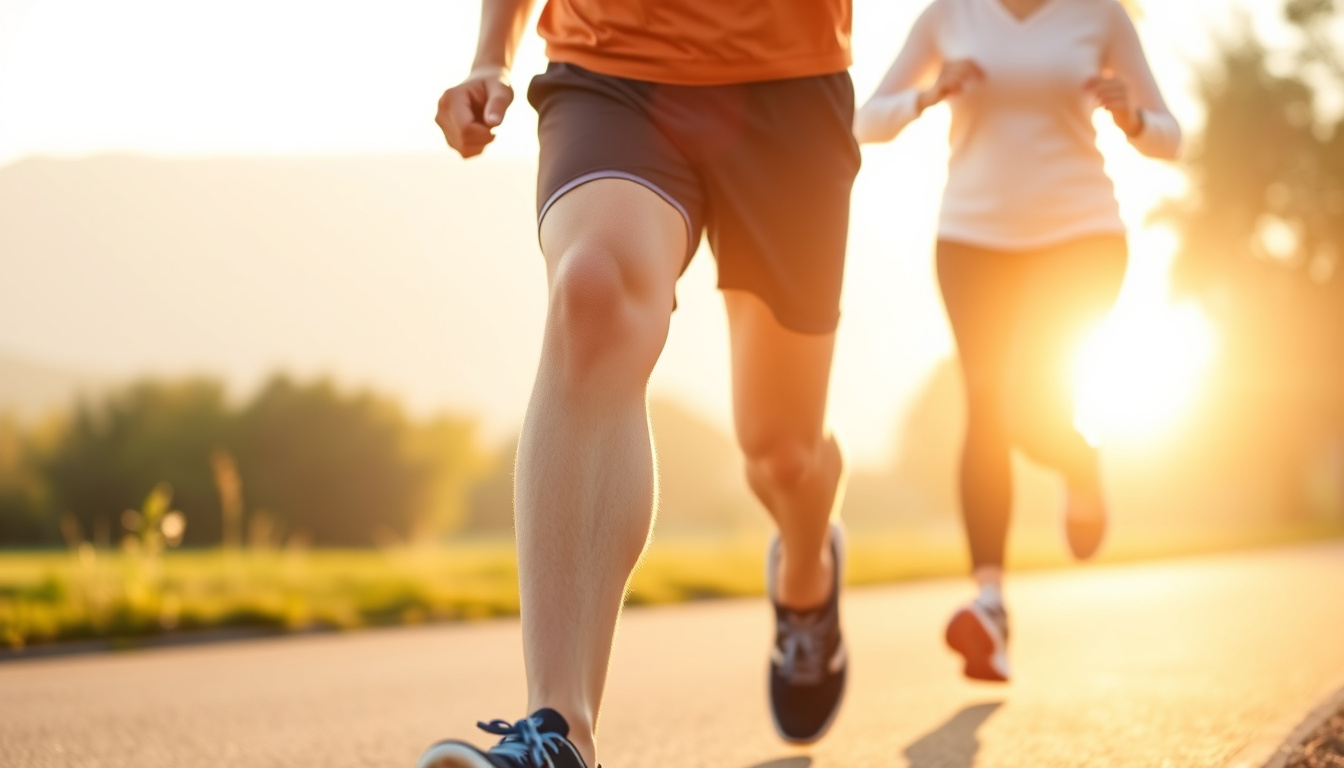  Active elderly couple jogging outdoors, radiant morning light, focus on healthy, flexible knees