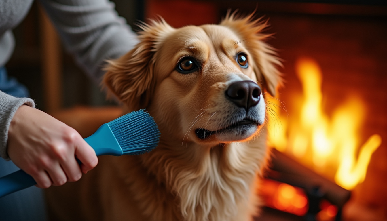  Caring owner gently brushing dog