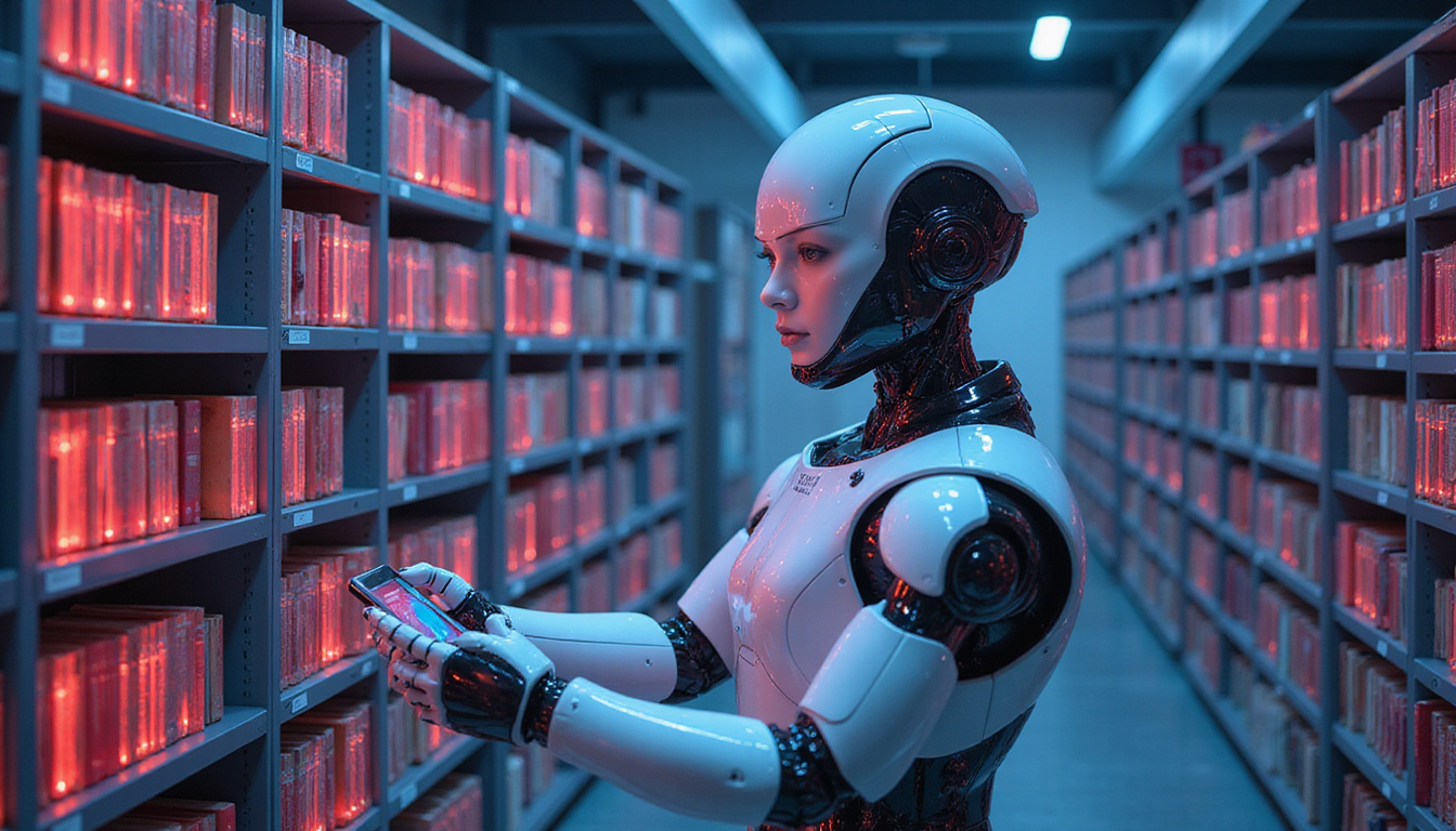  sleek AI robot organizing vast digital libraries with holographic interfaces, vibrant tech colors
