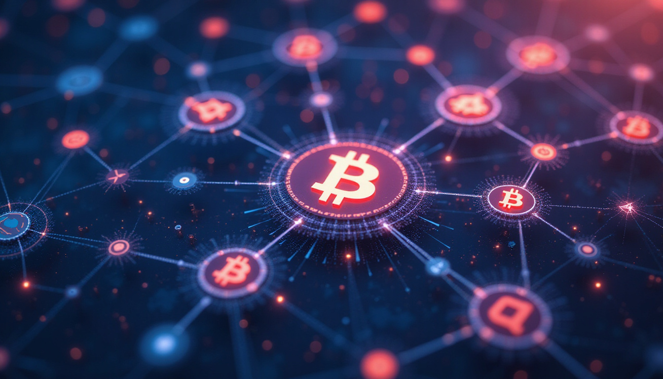  Abstract decentralized marketing concept, blockchain symbols, interconnected brand icons, sleek modern design