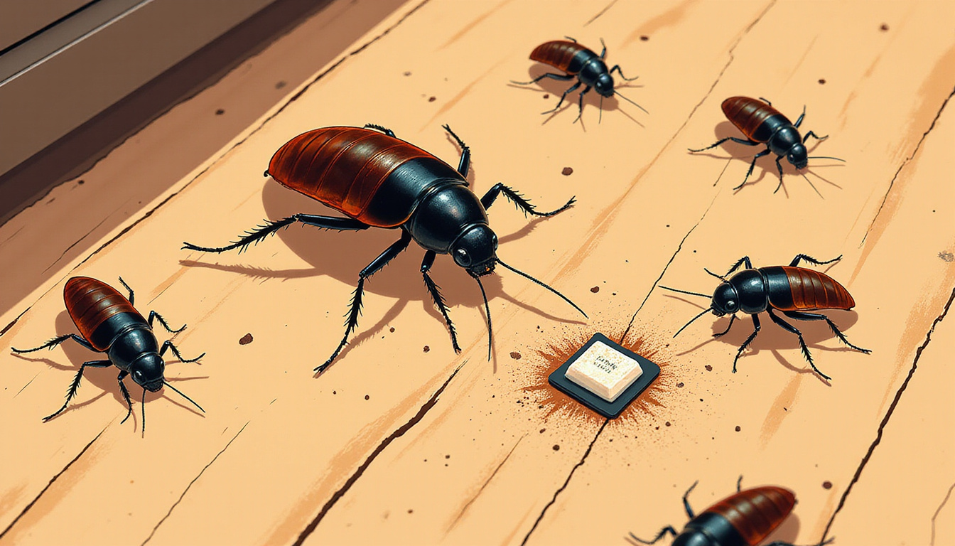  Detailed illustration of cockroaches approaching sticky bait traps on wooden floor