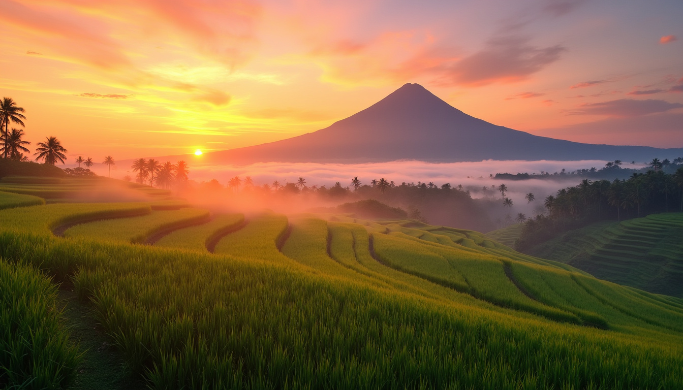  Sunrise over Bali’s terraced rice fields with mist and distant volcano silhouette