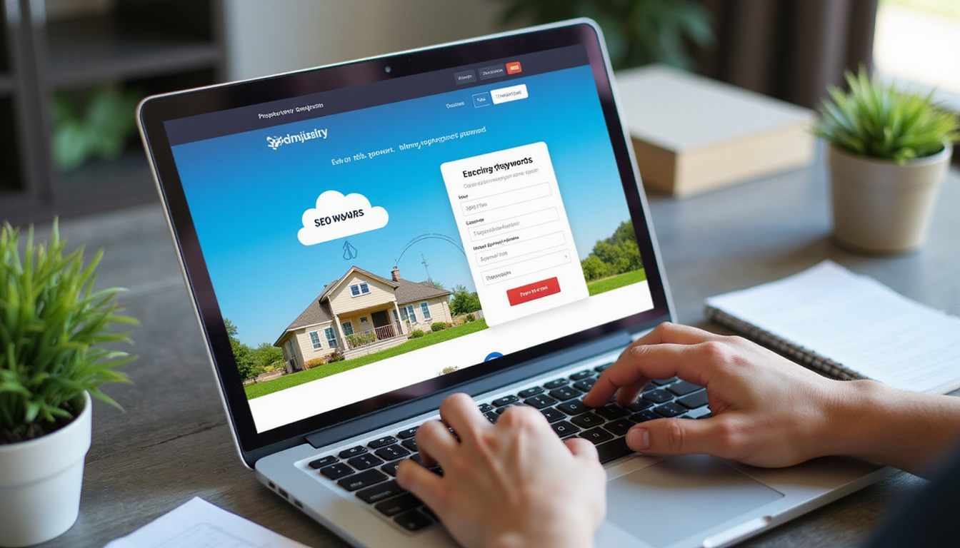  vibrant property listing website on a laptop, SEO keywords cloud, upward traffic graph, professional hands typing