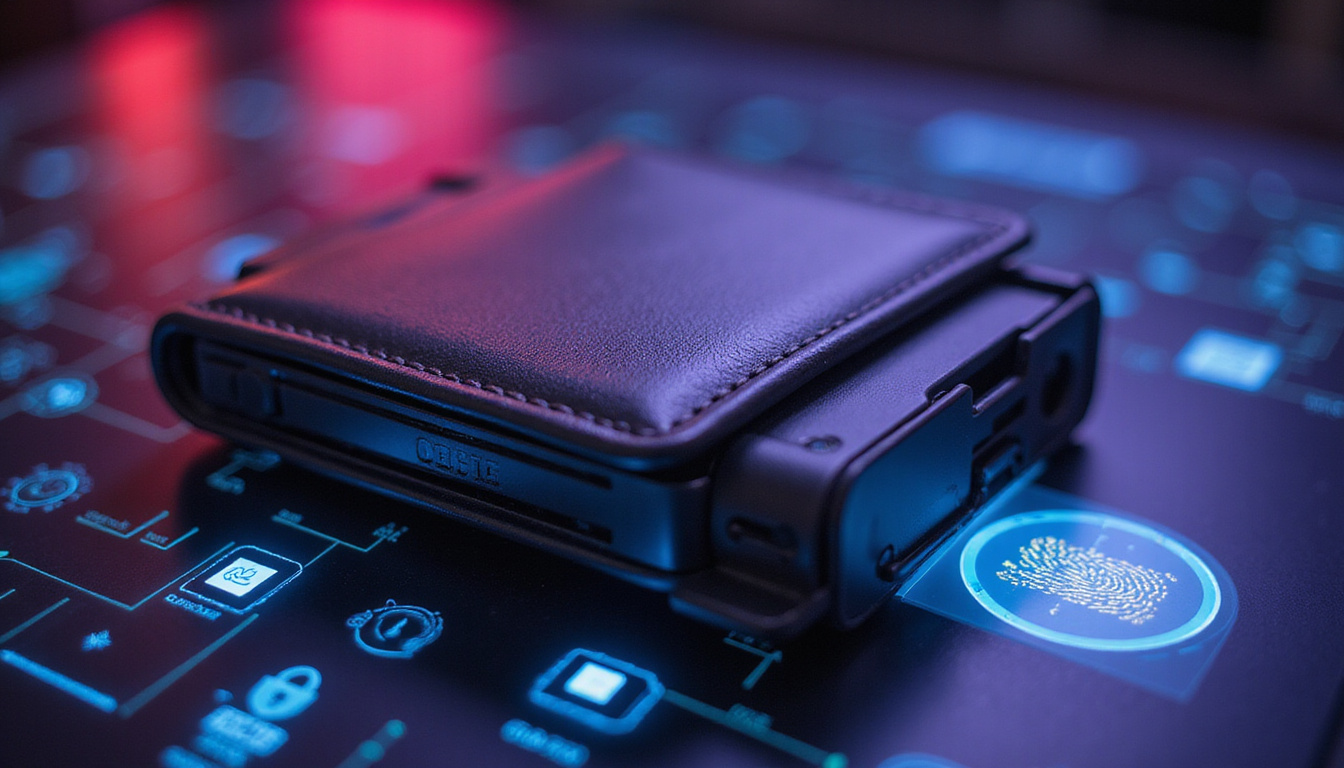  sleek hardware cryptocurrency wallet resting on biometric scanner with glowing security locks