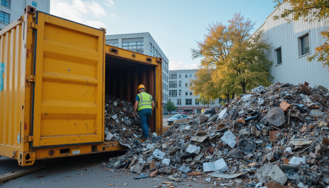  workers loading metal scraps into large recycling container modern urban backdrop