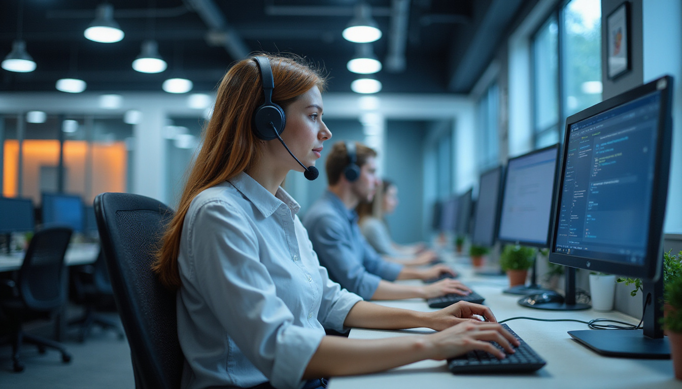  professional call center agent efficiently managing business calls, high-tech environment, focused atmosphere