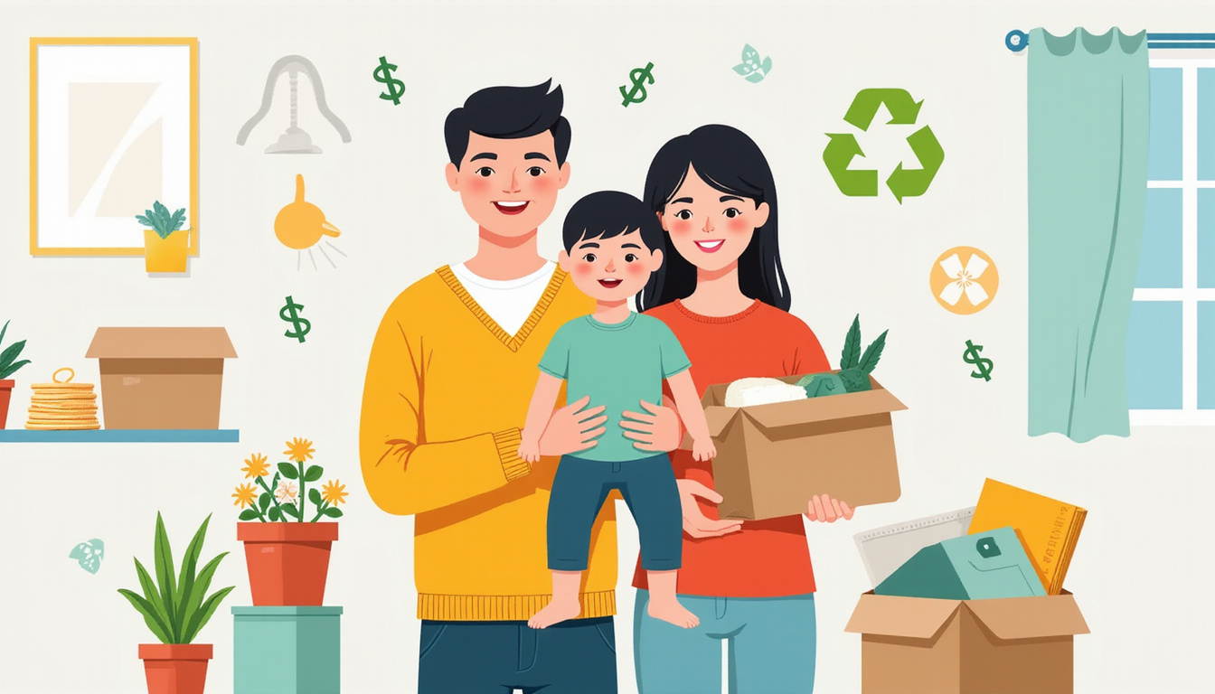 Happy family decluttering home, donating items, with eco-conscious symbols and dollar signs indicating savings