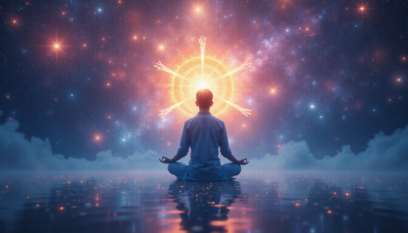  ethereal chakra energy radiating from a calm person, cosmic background, spiritual awakening