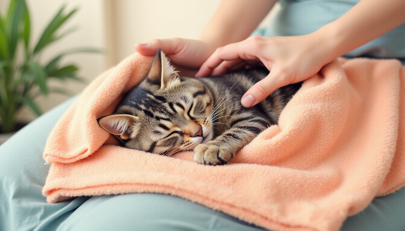 Calm cat nestled in soft blanket, gentle hands petting, peaceful cozy home atmosphere 
