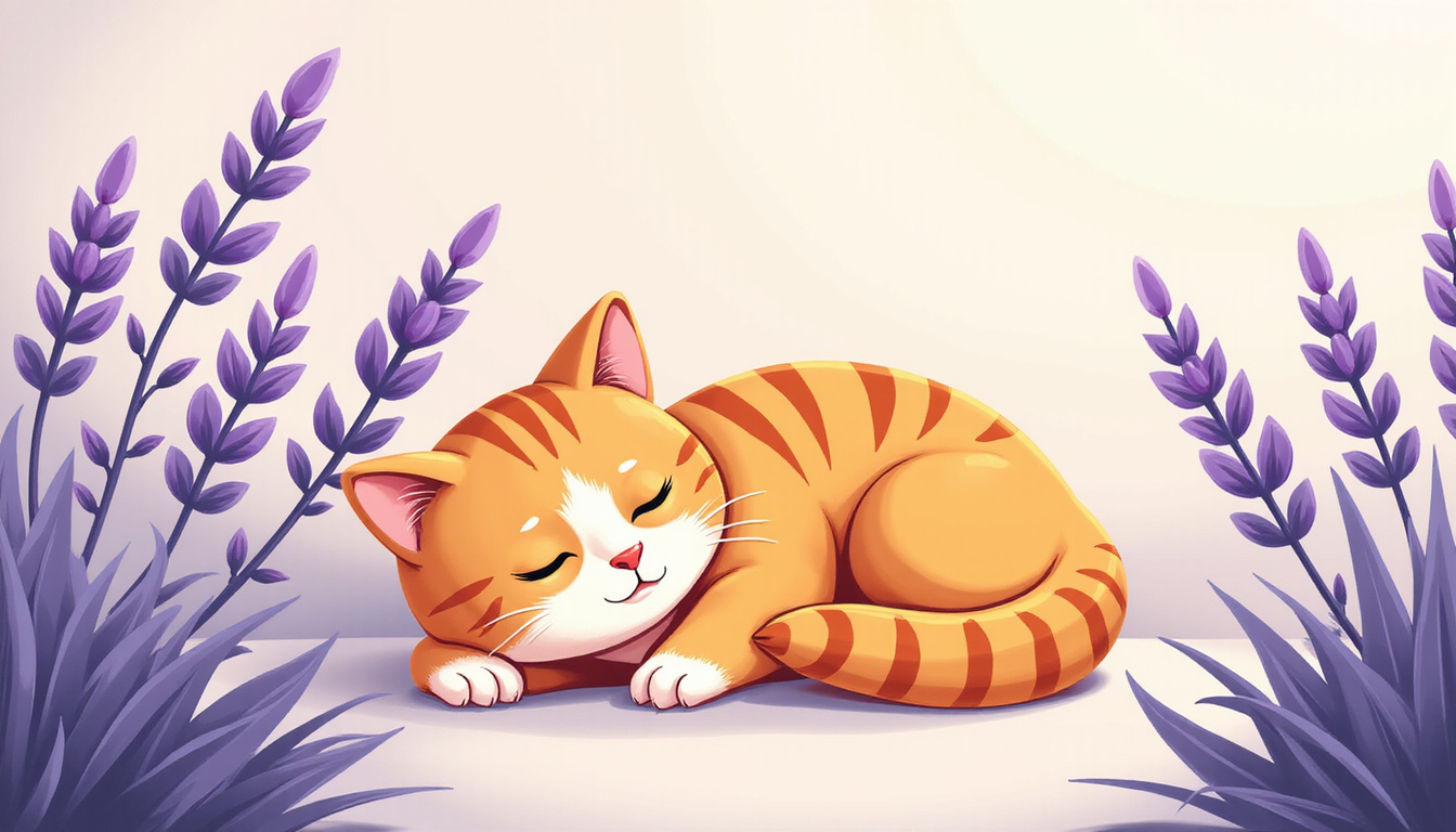  Relaxed cat resting near aromatic lavender plant, soft lighting, tranquil peaceful scene