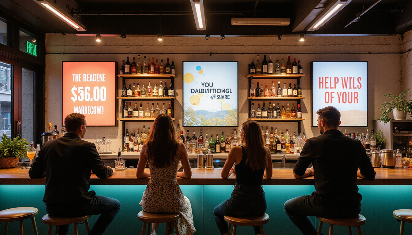 Bar with clear signage on alcohol limits, diverse patrons enjoying drinks responsibly, modern interior design