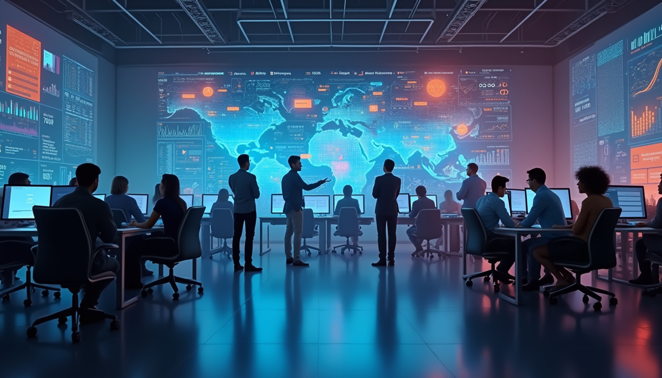 futuristic sales dashboard glowing, diverse professionals strategizing, sleek modern workspace ambiance