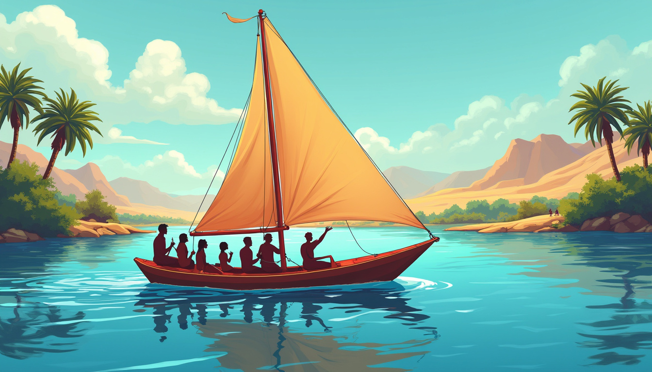 Felucca ride with happy travelers, blue water reflections, lush Nile riverbanks, exotic palm trees