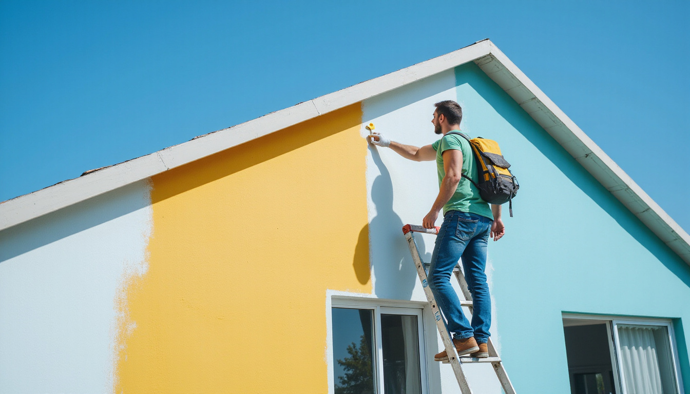  Painter on ladder applying smooth coat to modern home façade, clear blue sky background