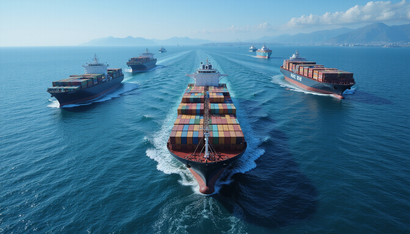  diverse cargo ships navigating sea trade routes with digital HS code symbols