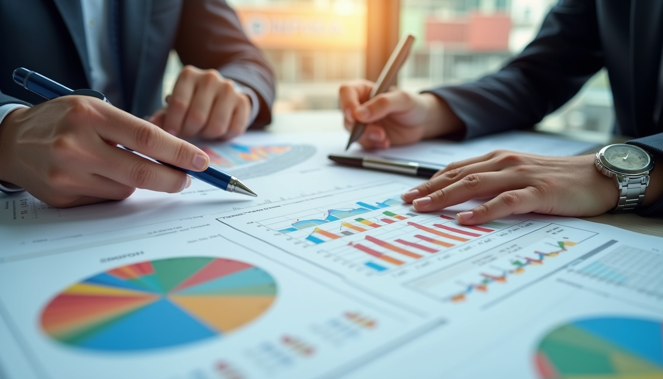  Businesspeople analyzing import-export documentation with colorful tariff charts, international shipping elements