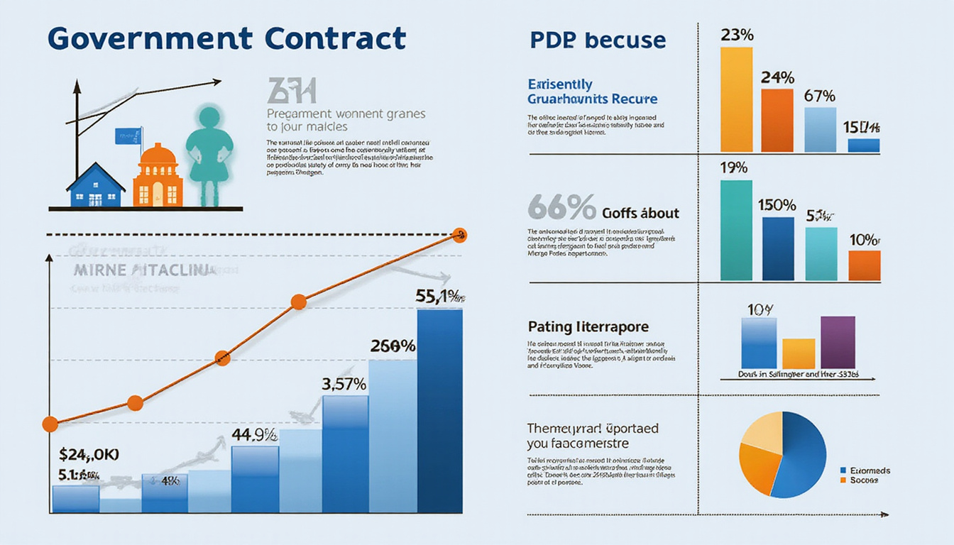  detailed infographic of government contract KPIs, icons representing tracking and success, modern design