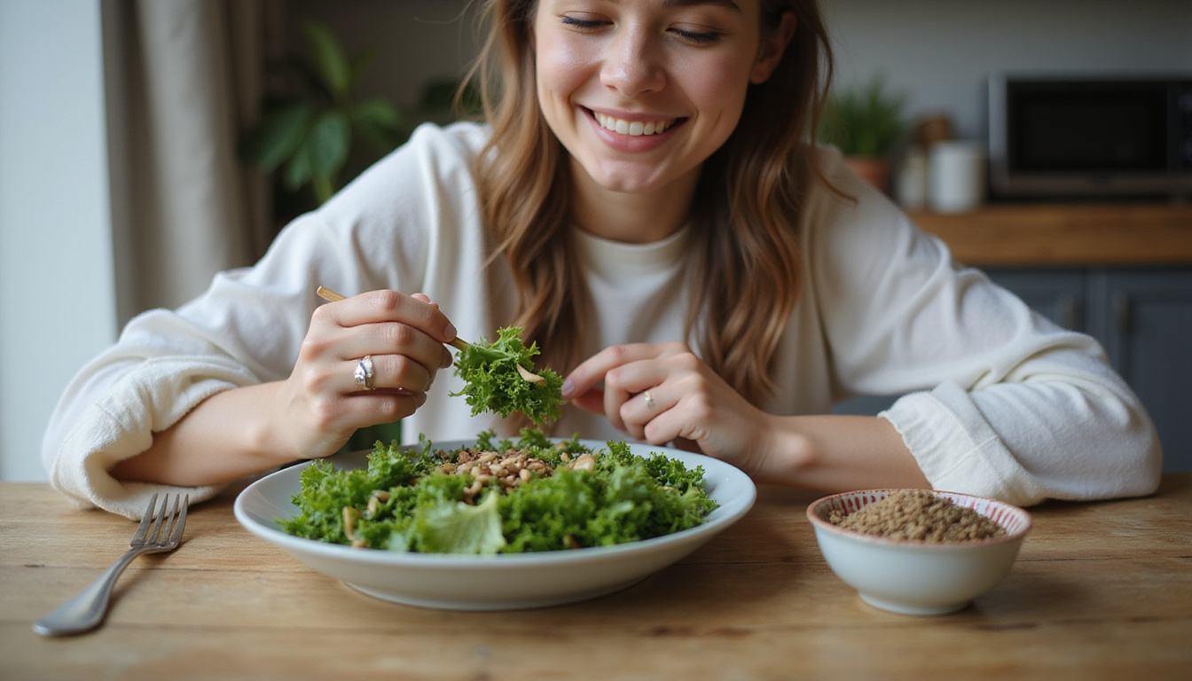 smiling person enjoying high fiber low carb meal with leafy greens and seeds at cozy kitchen table