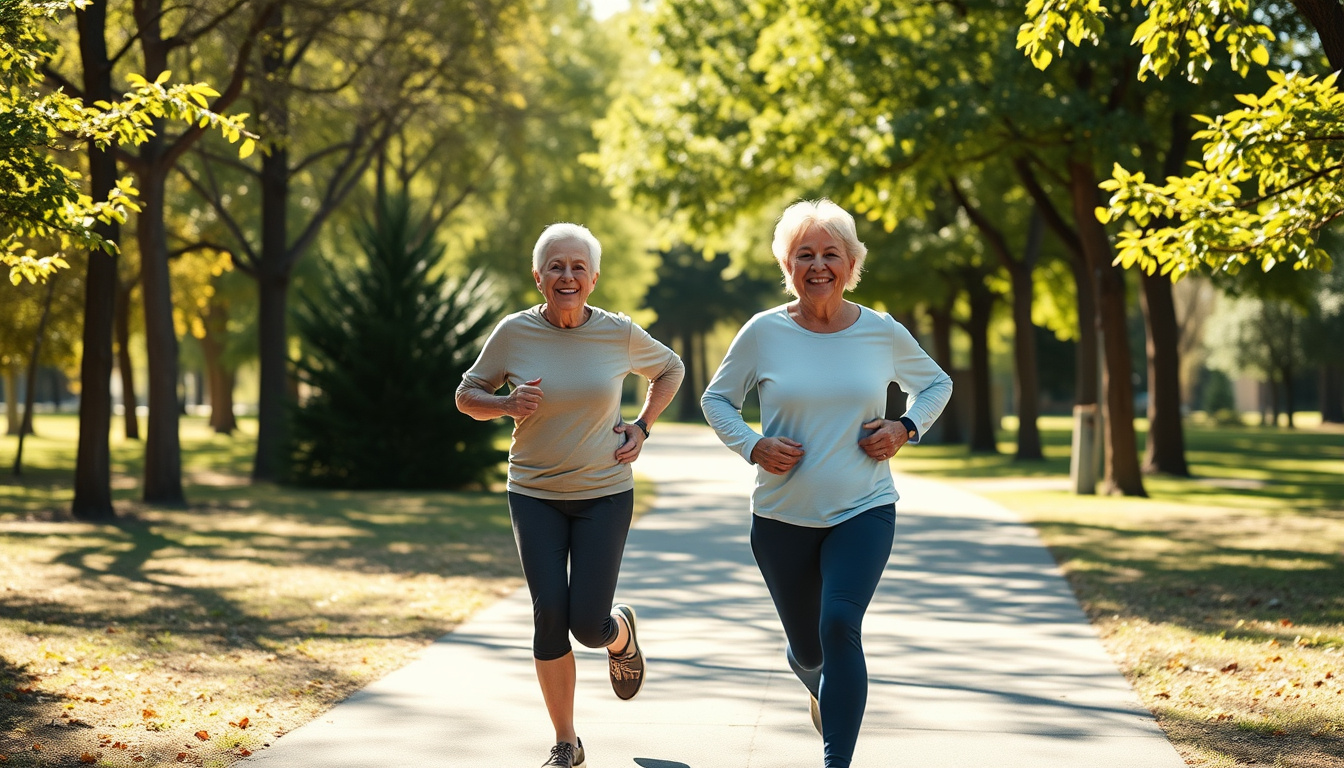  Active senior couple jogging happily through a sunlit park trail, smiling and pain-free