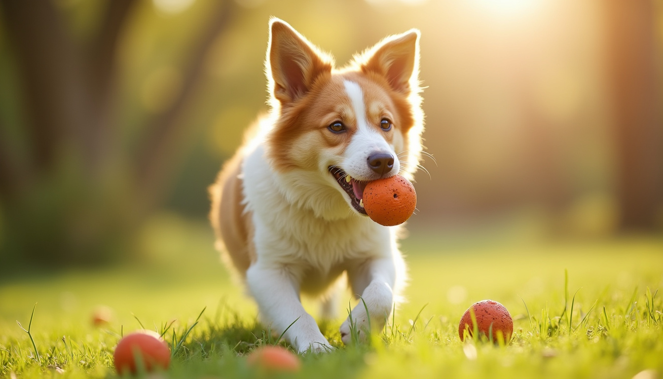  Energetic dog with durable, health-enhancing chew toys in bright outdoor setting
