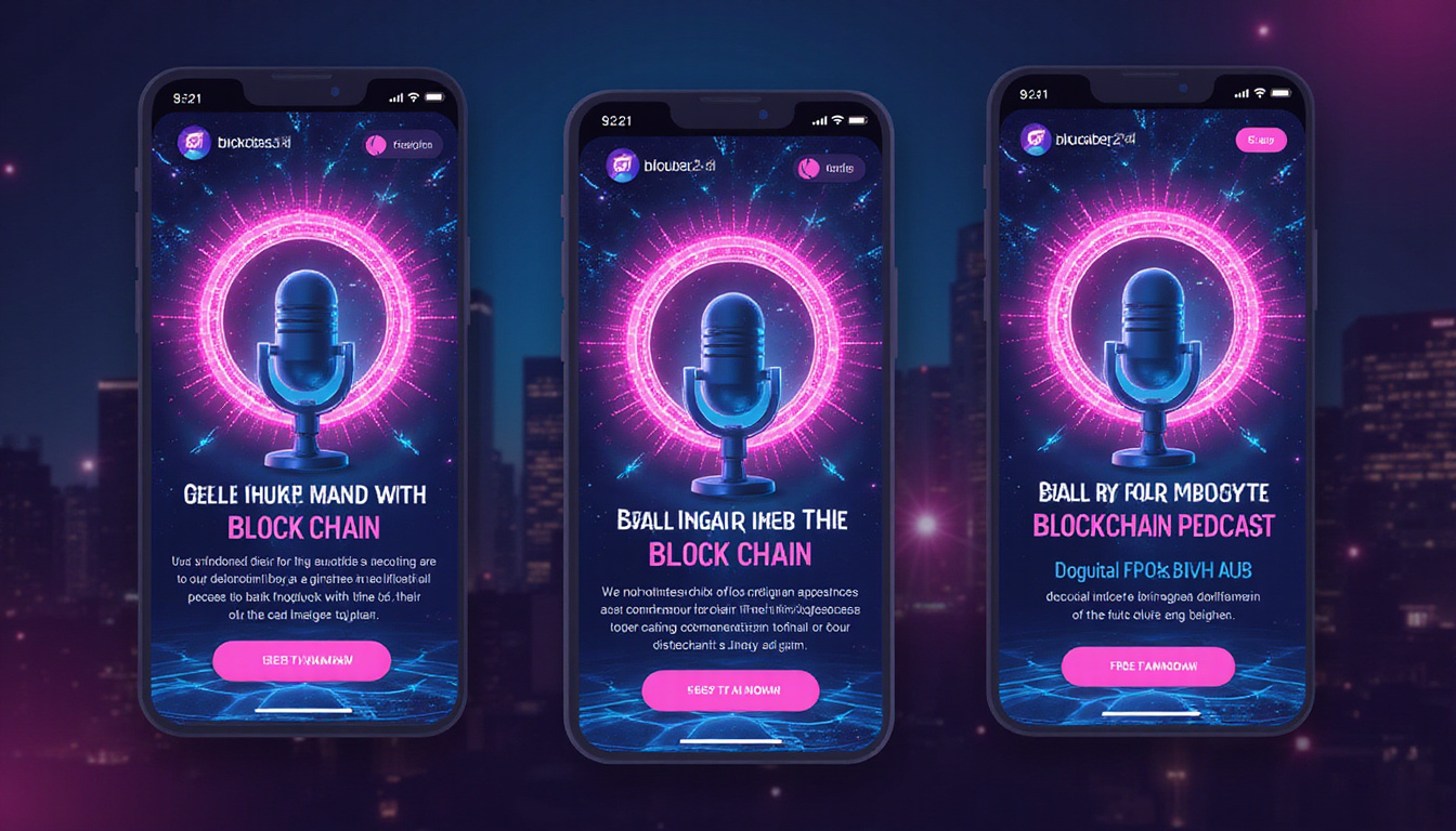  vibrant social media ads promoting blockchain podcast with futuristic tech background
