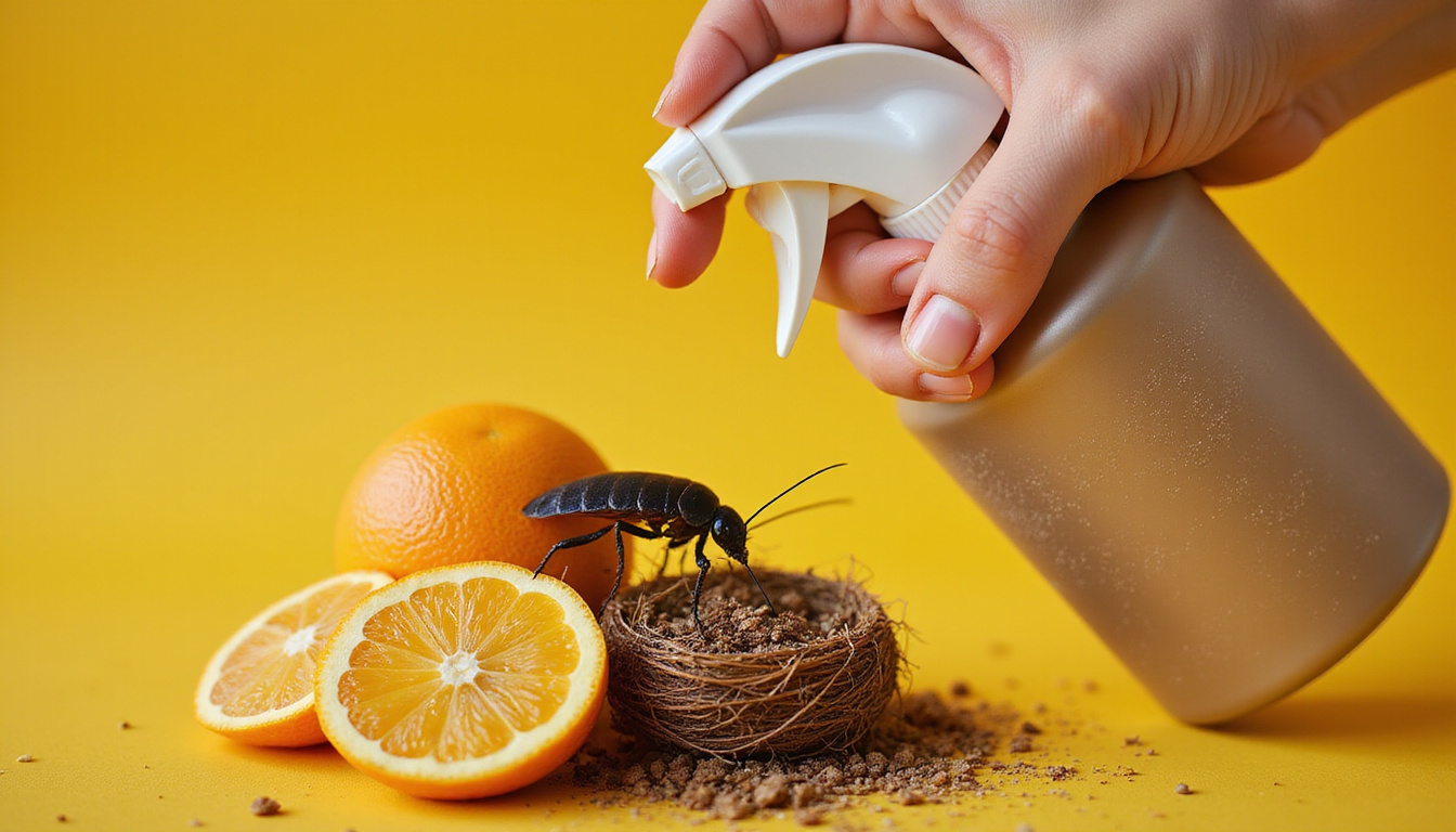  close-up of hands using natural deodorizing spray on roach nest, fresh citrus scent representation