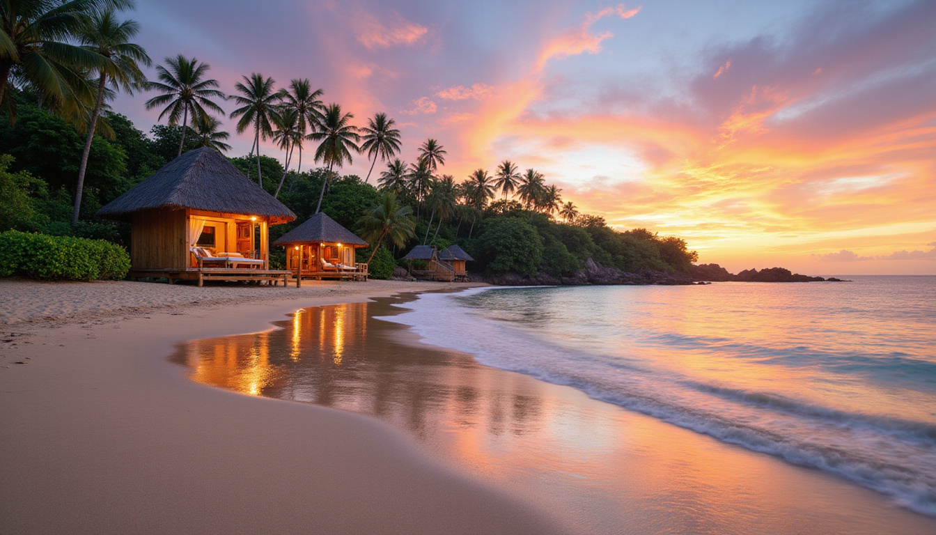 Serene beach resort in Bali with massage huts and sunset views for relaxation