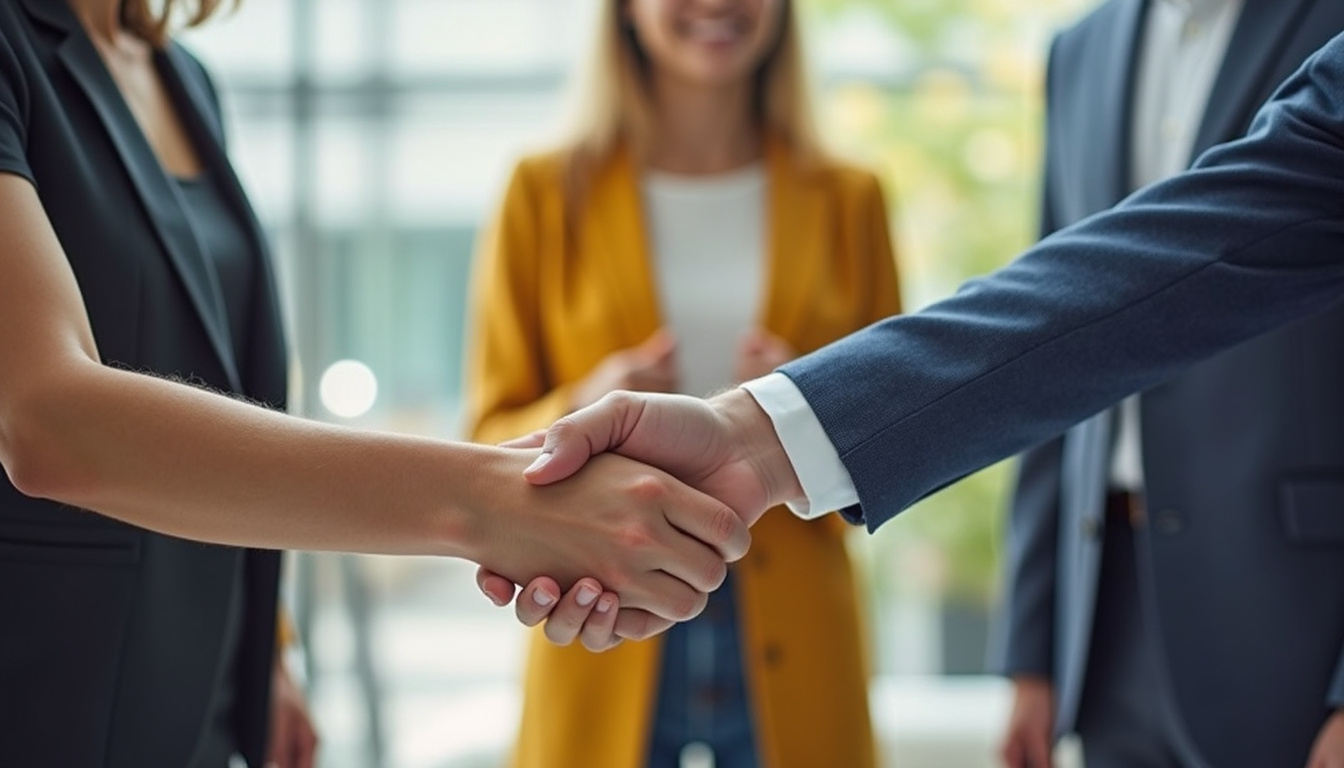 diverse clients shaking hands with closing agent in modern setting