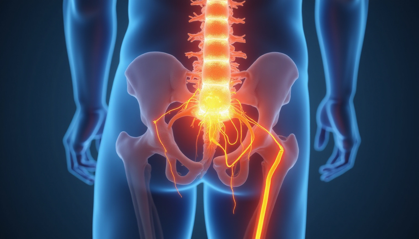  Detailed 3D illustration of sciatic nerve compression, highlighted pain points, anatomical focus