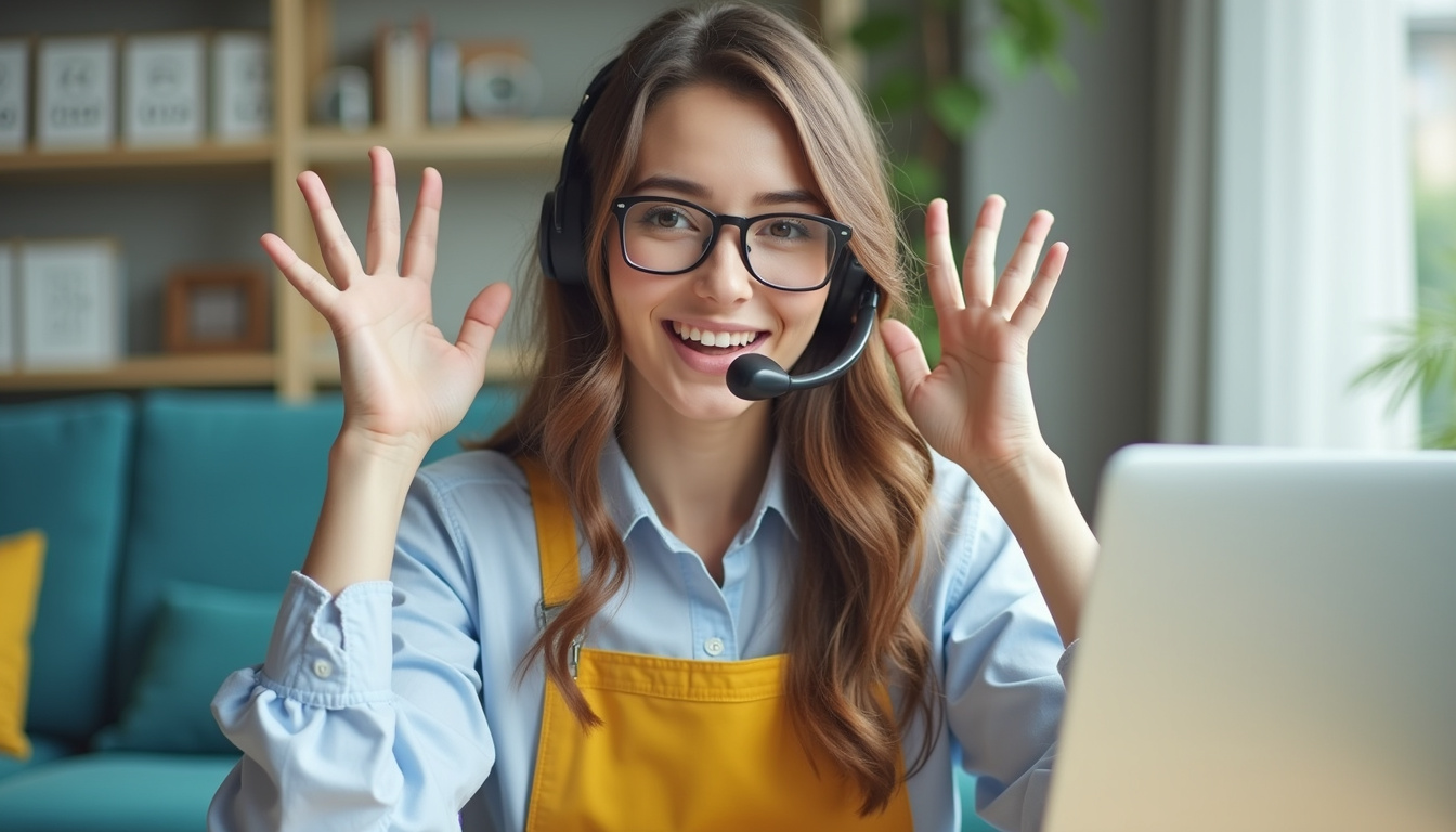  Small business owner relieved using phone answering service on laptop