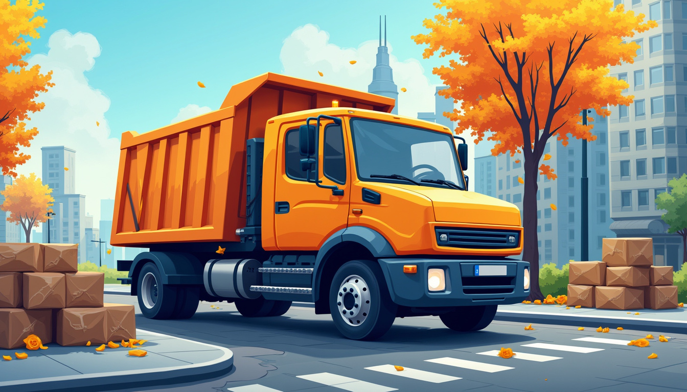 Professional junk hauling truck with hydraulic lift, urban cleanup scene, dynamic motion